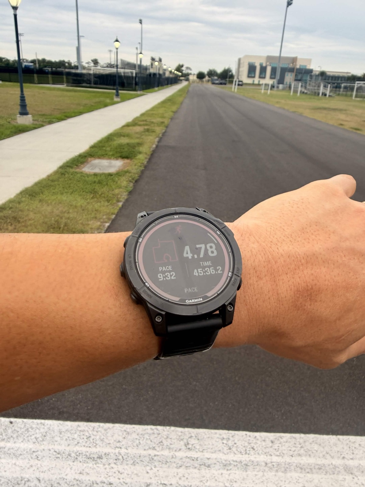 Garmin Fenix 7 Pro showing 4.78 mi, 9:32 pace, 45:36 elapsed at the end of a Saturday morning run.